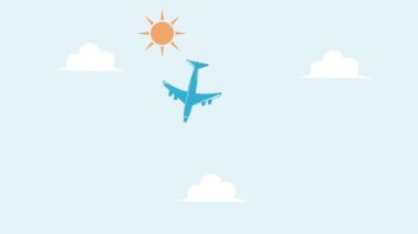 Bulut ve güneş animasyon videosu etrafında uçan uçak, minimal uçuş ulaşımı hareketli video şablonu
