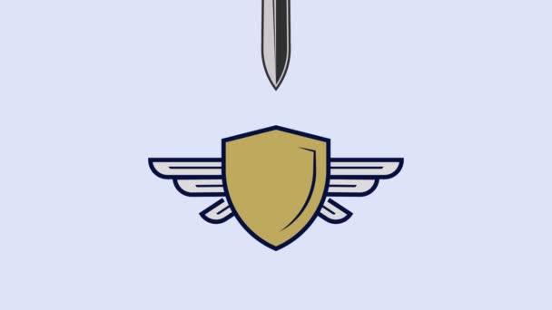 翼アニメーションビデオ ヴィンテージスタイルのモーショングラフィックデザインの古い戦士武器と剣と盾 — ストック動画