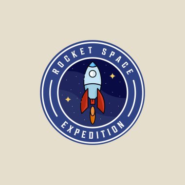 Roket uzay gemisi amblemi logo vektör illüstrasyon şablonu grafik tasarımı. Çember rozet tipografi tarzıyla astronomi konsepti için uzay işareti ve sembol