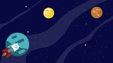 Astronomi konsepti için roket uzay uçuş gökadası animasyon videosu, dış uzay keşfi gezegen hareketi grafik tasarım