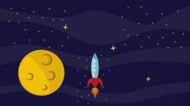 Astronomi konsepti için roket uzay uçuş gökadası 2d animasyon videosu, dış uzay keşfi gezegen hareketi grafik tasarımı
