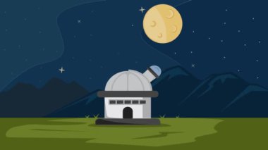 observatory building animation 2d video for astronomy concept , planetarium at night with stars and moon motion graphic illustration design