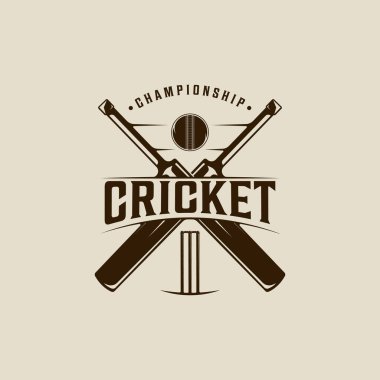 Kriket sporu logosu, vektör illüstrasyon şablonu ikon grafik tasarımı. Sopalar kale ve top işareti veya kulüp ya da takım için retro tipografi tarzında turnuva ligi sembolü