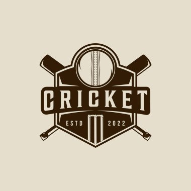 Kriket sporu amblemi klasik vektör çizim şablonu ikon grafik tasarımı. Sopalar kale ve top işareti ya da kulüp ya da takım için retro rozet kavramlı turnuva ligi sembolü
