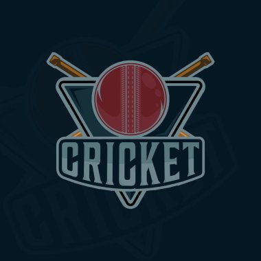 Kriket sporu amblemi logo vektör illüstrasyon şablonu ikon grafik tasarımı. Sopalar ve top işareti ya da turnuva ligi için tipografi stili rozet kavramına sahip kulüp ya da takım sembolü