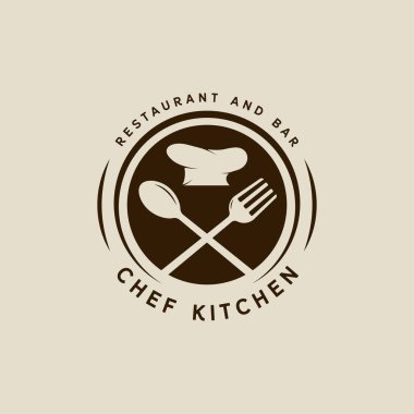 Şef çatal ve kaşık klasik vektör illüstrasyonu ikon grafik tasarımı, mutfak ve restoran tabelası veya kafeterya iş yemekleri için daire rozeti ve retro tipografisi olan sembol