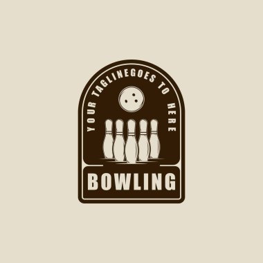 Bowling sporu amblemi klasik vektör çizim şablonu ikon grafik tasarımı. Eski rozet kavramına sahip turnuva ligi için lobutlar ve top işareti veya sembol