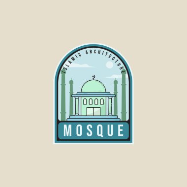 Cami mimarisi amblemi logo çizgisi renk vektör illüstrasyon ikon grafik tasarımı. İslam işareti ya da sembolü inşa etmek Rozet stili tipografi kavramı ile dua etmek