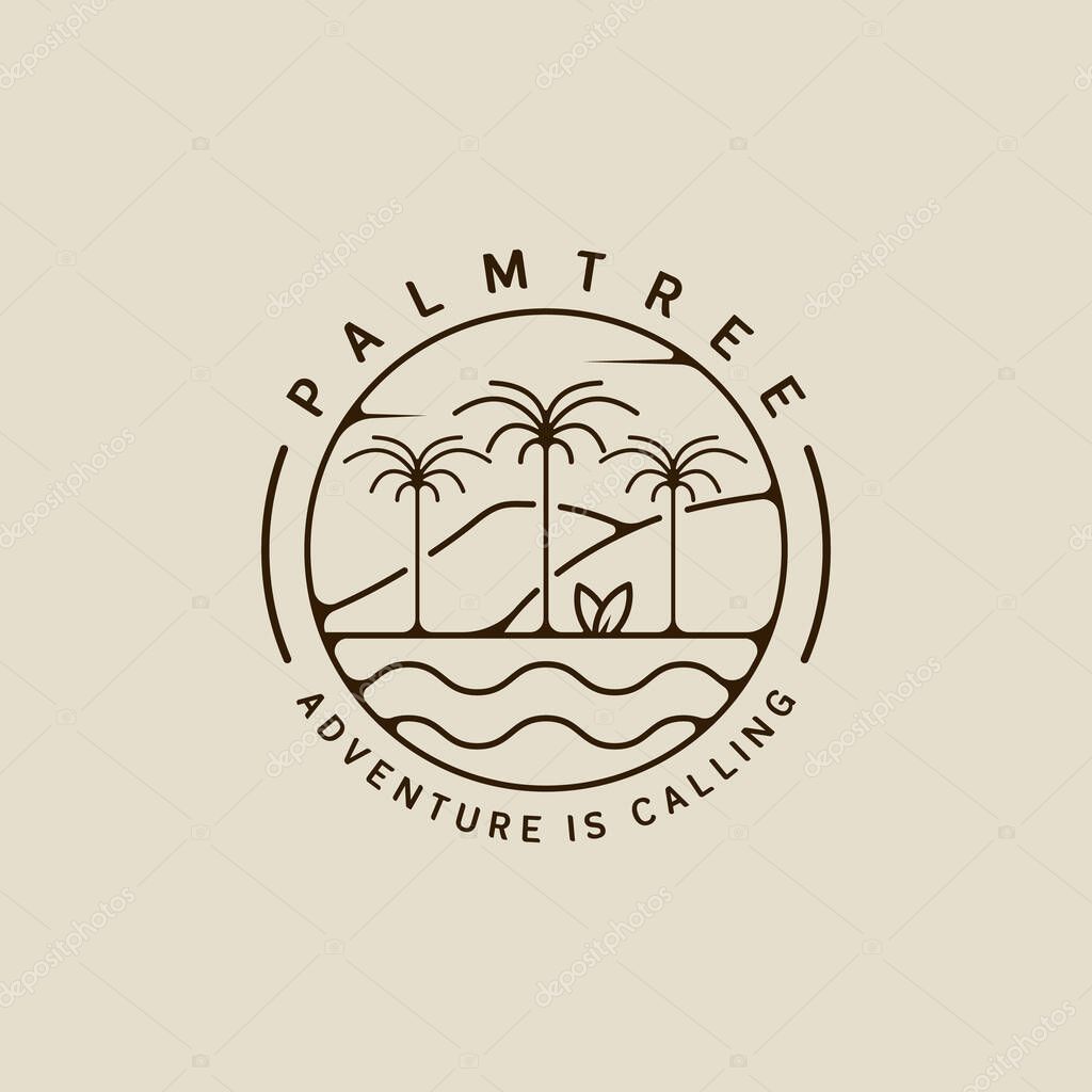 Palm tree and surfing beach logo line art simple minimalist vector illustration template icon design. paradise island and coconut tree with circle badge typography