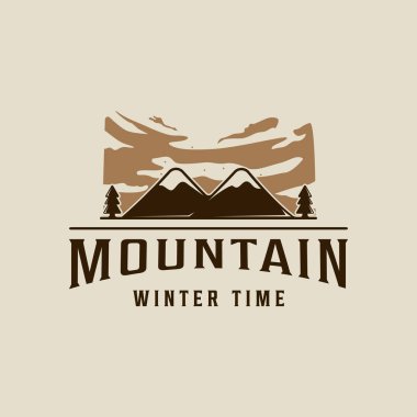 Dağ kış zamanı logo vintage vektör illüstrasyon ikon grafik tasarımı. Macera ya da vahşi yaşam kavramı işareti ya da geçmişe dönük tipografi ile doğa için sembol