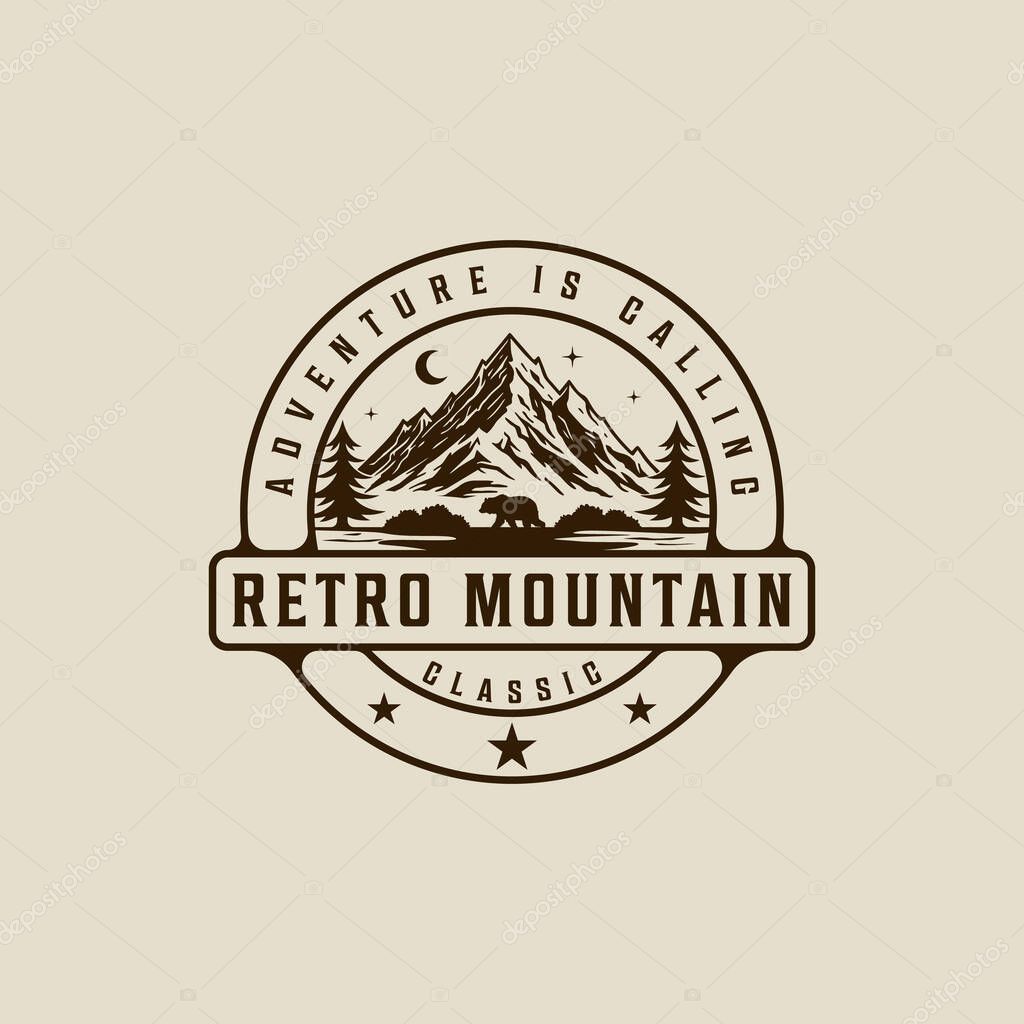 Mountain and pines logo vector vintage illustration template icon graphic design. adventure outdoors with bear sign or symbol for concept tourism travel at night with retro circle badge style