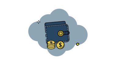 Yatırım konsepti için cüzdan ve kağıt para ile altın sikke çizgisi renk animasyonu 2D video, basit finansal veya bankacılık sembolü hareketli görüntü grafiksel tasarım