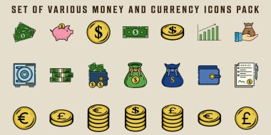 İzole edilmiş para ve para birimi simgeleri vektör çizgisi renk resimleme şablonu grafik tasarımı paketleyin. Çeşitli yatırım işaretlerinin toplanması ve basit finansal veya bankacılık kavramları için sembol