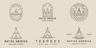 Kızılderili çizgisi sanat logosu vektörü basit minimalist illüstrasyon şablonu ikon grafik tasarımı. Çeşitli geleneksel Kızılderili kamp işaretleri ya da seyahat tutkusu sembollerinin demet koleksiyonu