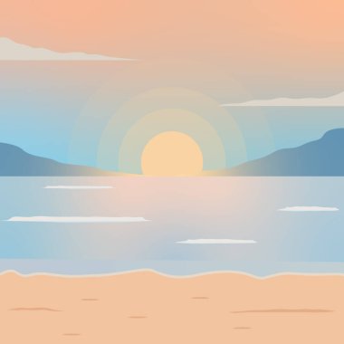 Plaj ya da ada peyzajlı vektör çizim şablonu grafik tasarımı. Deniz ve doğa gün batımı manzara işareti veya macera ve seyahat tutkusu için sembol