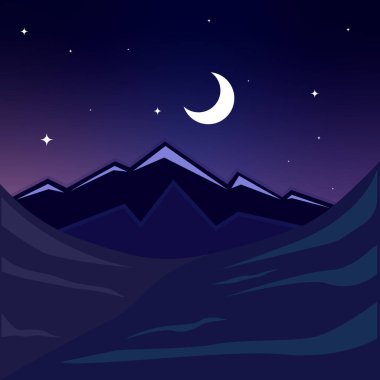 Dağ manzaralı vektör illüstrasyon şablonu grafik tasarımı. Savana ve doğa gece manzarası. Macera ve seyahat dünyası sembolü.