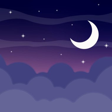 Ay ve gökyüzü gece manzaralı vektör illüstrasyon şablonu grafik tasarımı. Ay ve doğa gece manzarası macera ve seyahat için bir işaret veya sembol.
