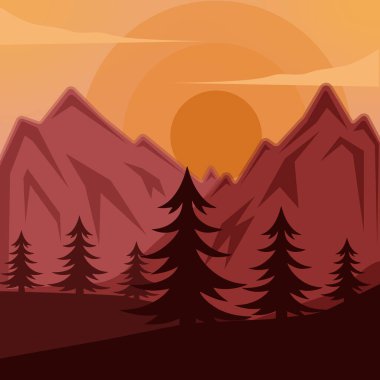 Dağ manzaralı vektör illüstrasyon şablonu grafik tasarımı. Orman ve doğa günbatımı görünüm işareti ya da macera ve seyahat tutkusu için sembol