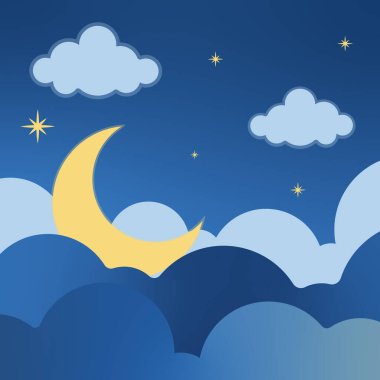 Ay ve gökyüzü gece manzaralı vektör illüstrasyon şablonu grafik tasarımı. Ay ve doğa gece manzarası macera ve seyahat için bir işaret veya sembol.