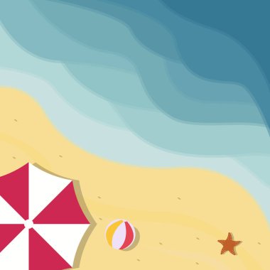Plaj ya da ada peyzajlı vektör çizim şablonu grafik tasarımı. Deniz ve doğa şemsiyeli ve plaj topu denizyıldızı manzaralı ya da macera ve seyahat tutkusu sembollü