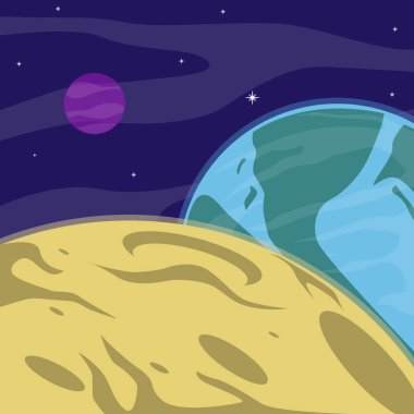 Ay ve dünya manzarası vektör çizim şablonu grafik tasarımı. Astronomi bilgi pankartı için diğer gezegen manzaralı dış uzay