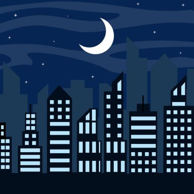 Şehir manzarası gece manzarası vektör çizim şablonu grafik tasarımı. Emlakçı bayrağının tanıtımı için ay ışığı konseptiyle şehir manzarası