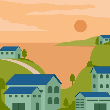 manzaralı vektör illüstrasyon grafik tasarımı üzerinde. İş konsepti gayrimenkul için deniz manzaralı tatil beldesi veya konut