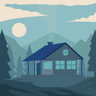 Doğal orman manzaralı vektör resimli grafik tasarımlı kulübe ya da kulübe. Gece manzaralı minimalist misafir evi. Ağaçlar ve iş seyahati fikri.