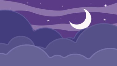 Gökyüzü çizgi filminde ay gecesi animasyon arka plan videosu. Ay yıldızı ve bulutlarla minimalist doğa manzarası hareketli görüntü grafiksel tasarım animasyonu