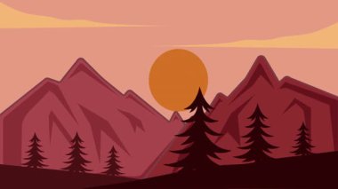 Dağ manzaralı karikatür animasyon arka plan videosu. Güneş ve bulutlu minimalist doğa görünümü hareketli görüntüler grafik tasarımı