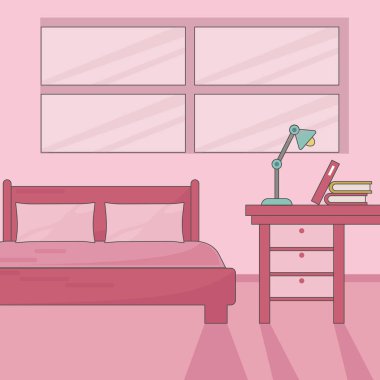 Pembe renkli vektör çizim şablonlu yatak odası grafik tasarımı. Mobilya 2d çalışma masası, döşek ve dekorasyon evi konsepti için pencere ile basit bir çizgi film iç mimarisi