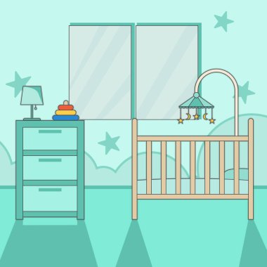 Bebeğin yatak odasının içi yeşil renk vektör çizim şablonu grafik tasarımı. Mobilya 2d düz arkaplan içinde çocuk odası dekorasyon konsepti için basit çizgi film iç mimarisi