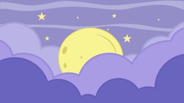 Gökyüzü çizgi filminde ay gecesi animasyon arka plan videosu. Yıldız ve bulutlarla minimalist doğa manzarası hareketli görüntü grafiksel tasarımı canlandırdı