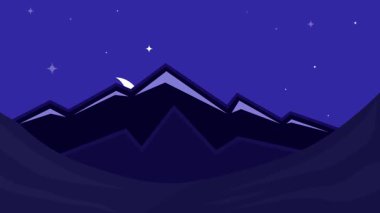 Gece manzaralı dağ çizgi film animasyonu sinema efektli arka plan videosu. Ay ve yıldız animasyon görüntüleriyle minimalist doğa görünümü