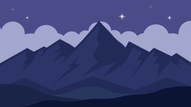 Night Mountain çizgi film animasyon arka plan videosu. Macera için savana ve doğa gece görüşü ve gezgin hareketli animasyon grafik çizim tasarımı