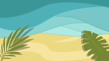 Okyanus sahili çizgi film animasyon arka plan videosu. Doğadaki minimalist ada dalga ve yaprak animasyon hareketli grafik tasarımı ile