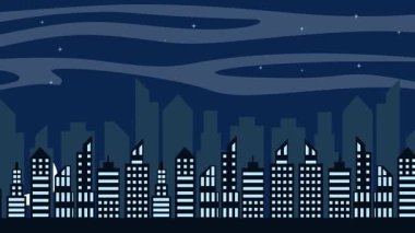 Gece karikatüründeki şehir manzarası animasyon arka plan videosu. Şehir binası manzarası, emlak animasyonu hareketli grafik tasarımı için dekore edilmiş.
