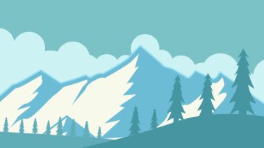 Karlı dağ manzaralı karikatür animasyon arka plan videosu. Orman nehri ve doğa macera ve gezgin hareketli animasyon tasarımı için kış manzarasında.