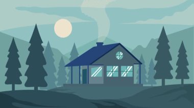 Doğa Ormanı 'ndaki kulübe ya da kulübe karikatür animasyon arka plan videosu. Gece manzaralı minimalist konuk evi. Ağaçlar ve dağ animasyonlu görüntüler. Hareketli grafiksel tasarım.