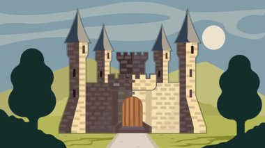 Peri masalı kale krallığı peyzaj karikatür animasyon arka plan videosu. Doğadaki eski ortaçağ taş mimarisi animasyon görüntüleri hareketli grafik çizim tasarımı