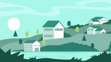 Nehir kıyısında köy konutları basit bir çizgi film animasyon arka plan videosu. Şehir manzarası geometrik tepe çalısı ve ağaçlar hareketli görüntü grafiksel tasarım animasyonu