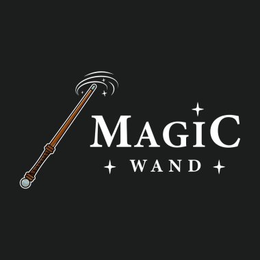 Sihirli değnek logosu renk çizim şablonu ikon grafik tasarımı. Fantezi hikayesi ya da siyah arkaplan sahibi şirket için cadı ekipmanları işareti ve sembol