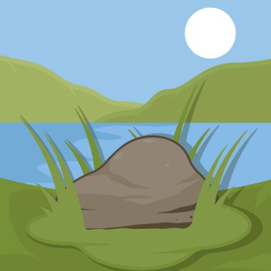 Doğadaki kaya şekillendirilmiş vektör çizim şablonu grafik tasarımı. Göl ve tepe işareti ya da yeşil alan çizgi film kavramının sembolü