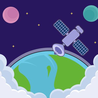 Uydu dış uzay vektör illüstrasyon şablonu ikon grafik tasarımı. Astronomi ve bilim teknolojisi fikri için düz arkaplan işareti ya da sembol