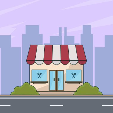 Restoran inşaatı manzaralı vektör illüstrasyon grafik tasarımı. Yemek Servisi Sokak Sahnesi Güzel karikatür tarzıyla Küçük İş Kurma