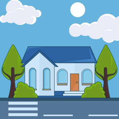 Residential Building peyzajlı vektör çizimi grafik tasarımı. Gayrimenkul işi kavramı için önünde yaya geçidi olan güzel bir çizgi film tarzı olan rahat bir aile evi çizimi.