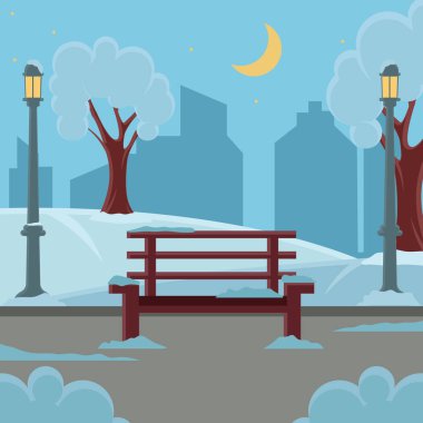 Park manzaralı, vektör illüstrasyon grafik tasarımlı bir kış akşamında. Karlı Benç Sokağı Lambaları Çizgi film tarzıyla Mevsim Şehir Parkı konsepti
