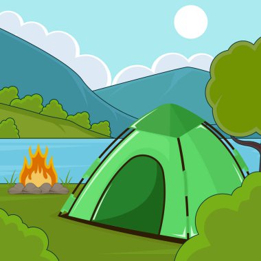 Yeşil çadır manzaralı kamp sahnesi vektör illüstrasyon grafik tasarımı. Kamp Ateşi Dağ Serüvenleri Tatil için Doğa Kampı ya da çizgi film tarzı eğlence konsepti