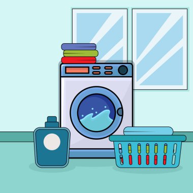 Çamaşır Makinesi vektör çizim şablonu grafik tasarımı. Çamaşır Günü Çamaşır Seti Deterjan Evi Mobilya Temizleme Servisi 2 boyutlu basit çizgi film dekorasyonu konsepti