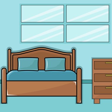 Yatak odası sahnesinde ahşap yatak vektör çizim şablonu grafik tasarımı. Mobilyalar için Sandık Yastık ve Battaniye Evi Mobilya 2D basit çizgi film dekorasyon konsepti